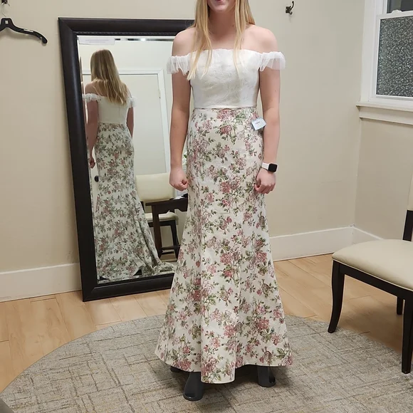 SIZE 8 white w/ pink & green floral 2 piece prom dress by Rachel Allan, no alter - Picture 1 of 13